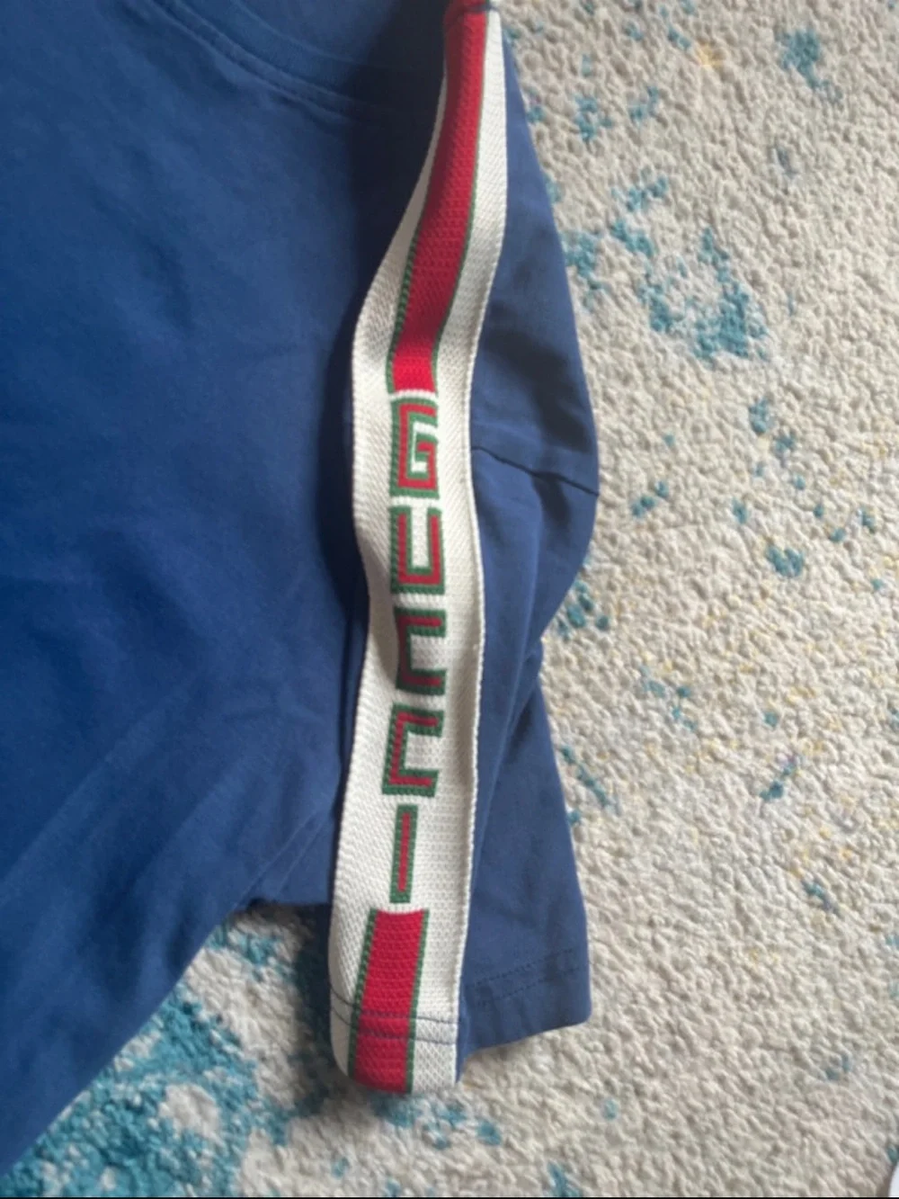 Gucci Blue Short Sleeve Crewneck Tee with Red Shoulder Stripe